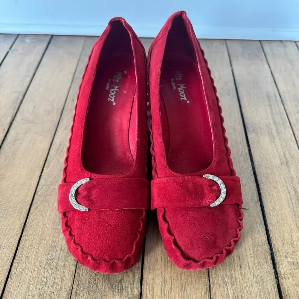 Miz Mooz Red Suede Wedge Ruffle Loafers Rhinestone detail 37 / 7